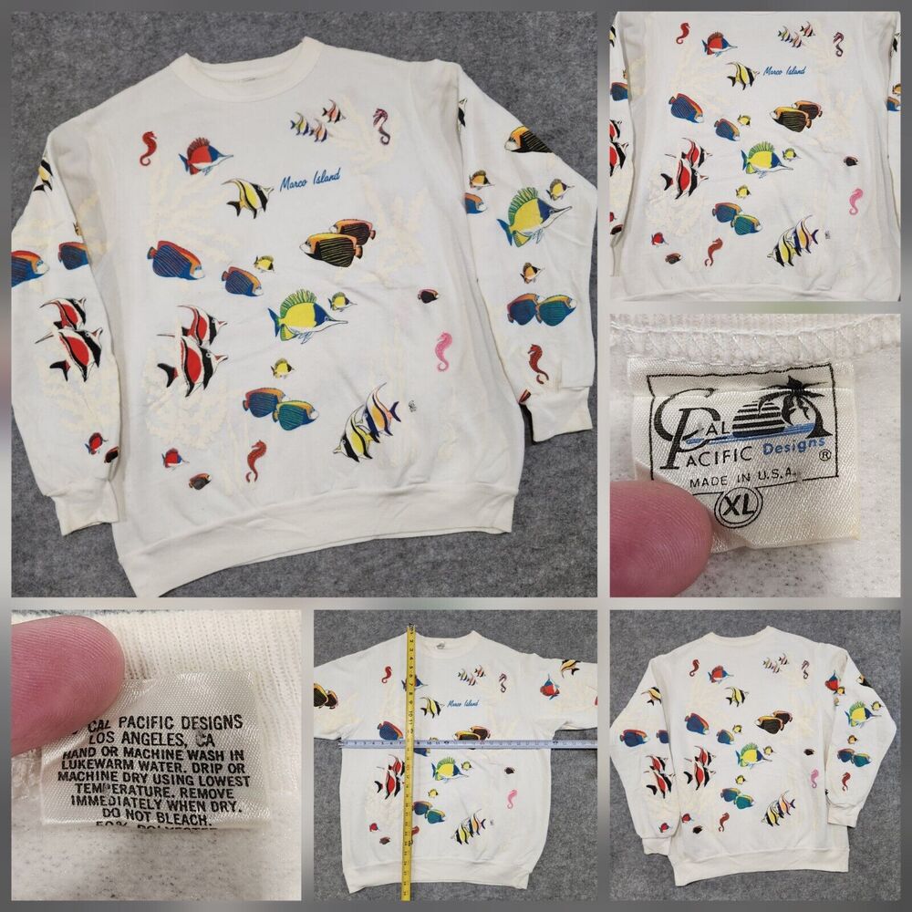 VTG 80s Cal Pacific Designs Adult XL Fish AOP All Over Print Crewneck Sweatshirt